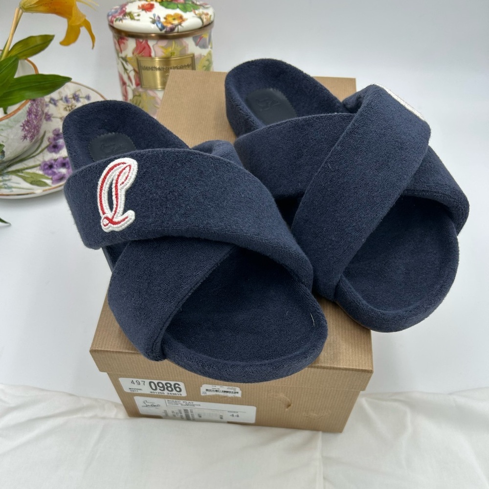 Men's Christian Louboutin Bizzu Cross Strap Terry Cloth Slide Size 44 Made Italy